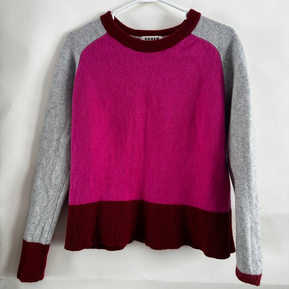 Boden Womens Colorblock Cashmere Blend Sweater Pink Grey Red Crewneck Large